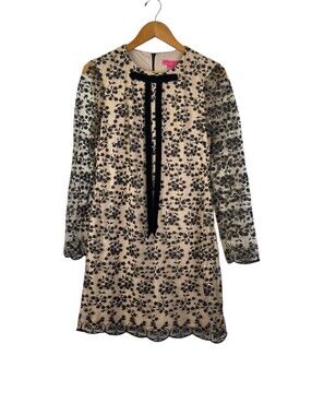 Betsey Johnson Sz 6 Tie Detail Floral Embroidered Sheer Long‎ Sleeve Mini  Dress